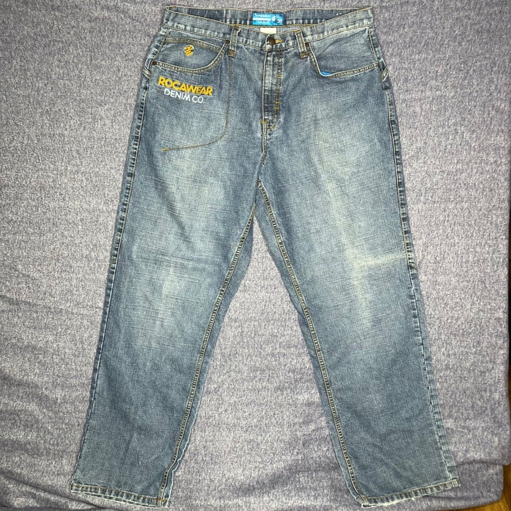 Rocawear Denim Co Mens 38 Baggy Jeans Light Wash Y2K Hip Hop Embroidered
